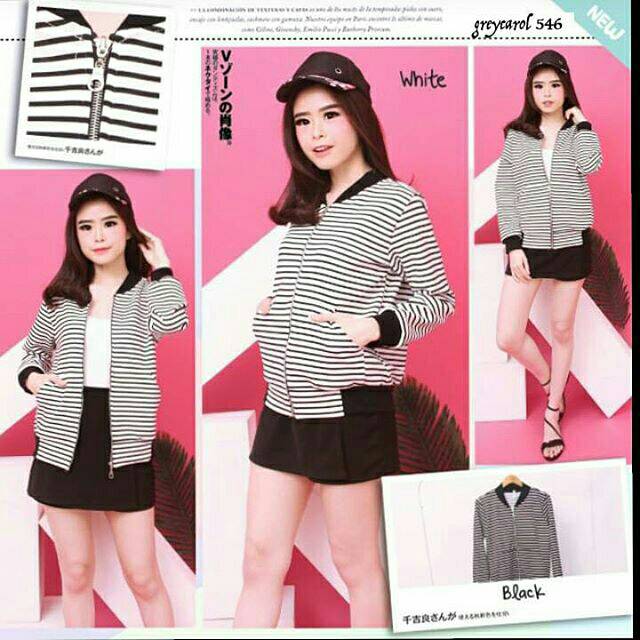 Jaket bomber wanita motif salur adem / bomber fashion wanita garis garis hitam putih