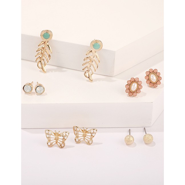 LRC Anting Set Fashion Gold Alloy Openwork Butterfly Flower With Diamond Leaf Studs 5 Pairs F78109