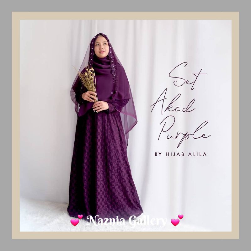 Set Gamis Akad Brukat Purple HIJAB ALILA | Set Gamis Akad Nikah dan Khimar Instan Syari