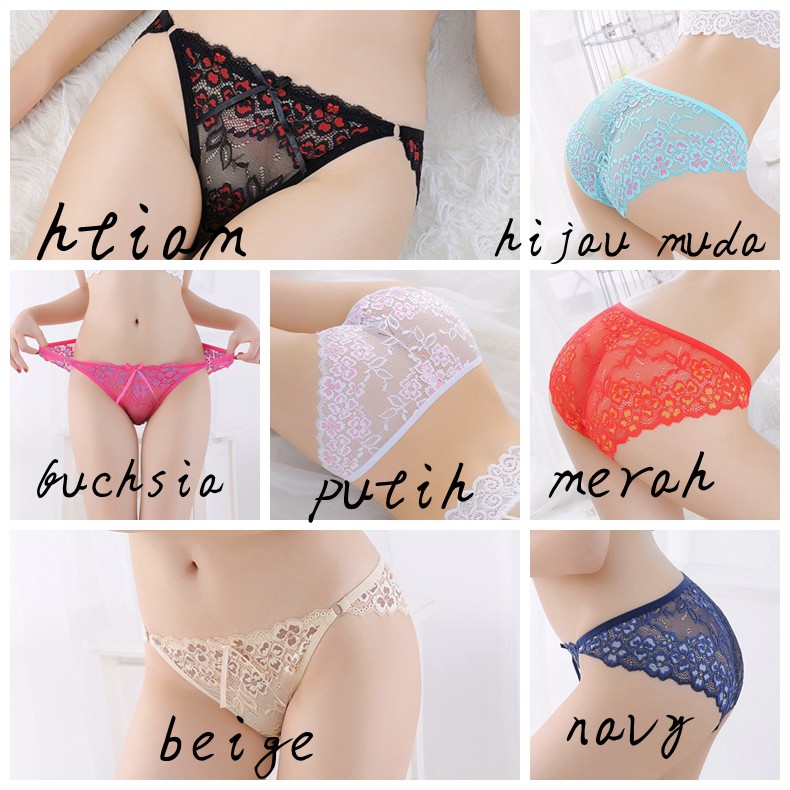 Celana Dalam Wanita G String Sexy Elastis Transparan Bahan Lace Motif Bunga C131