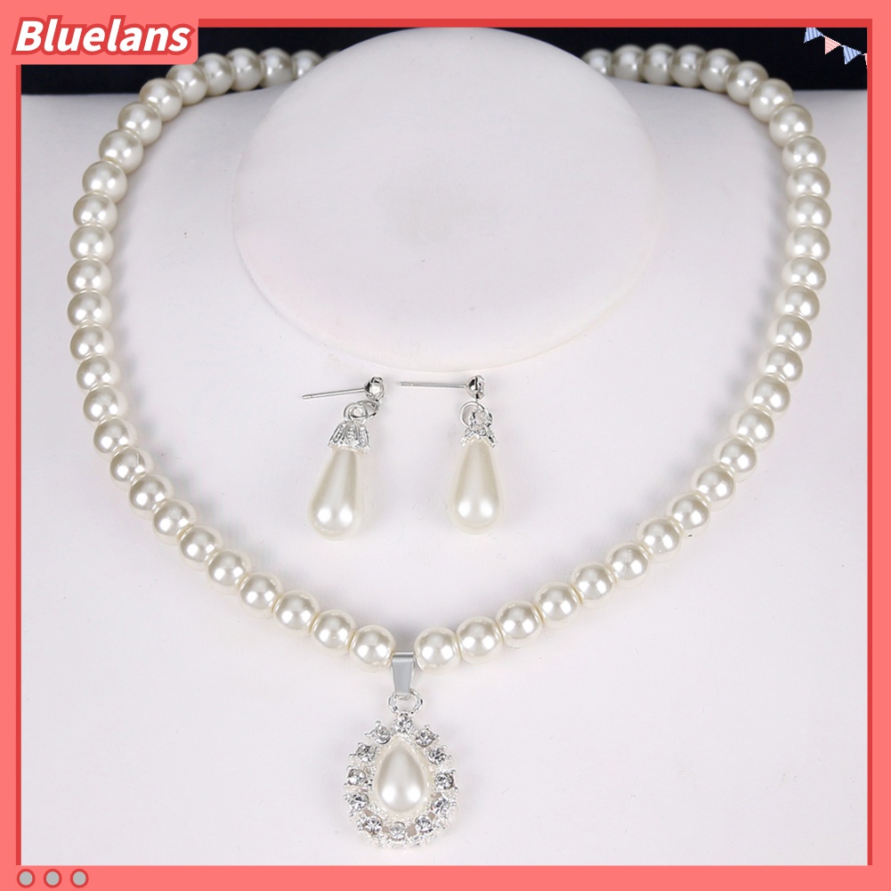 Bluelans Set Kalung + Anting Tusuk Gantung Mutiara Imitasi Bentuk Tetesan Air Untuk Wanita
