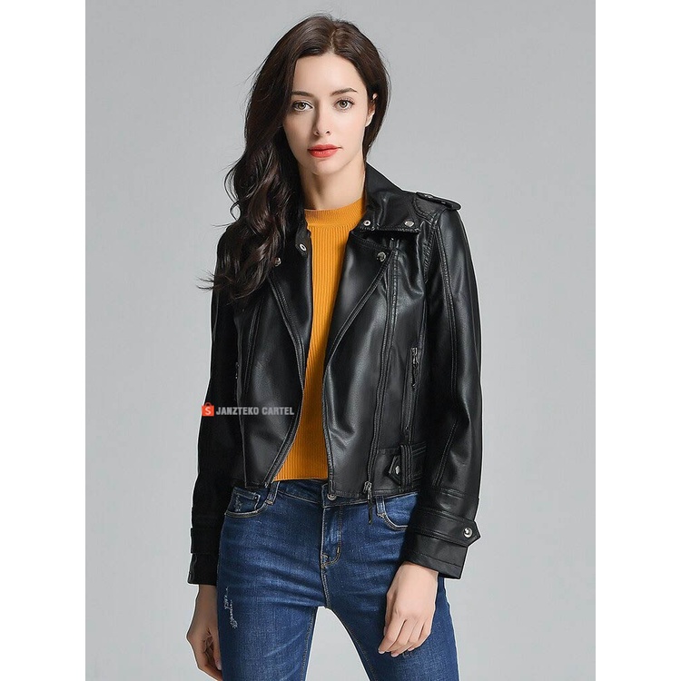 JNK x MALENA - Jaket Biker Motor Wanita Bahan Semi Kulit Sintetis Viena Faux Synthetic Leather Jacket Women Premium Original Branded Cewek Perempuan Ladies Girls Korea KPOP Style Acara Pesta Winter Autumn Outif Outwear Hijab Slim Fit Short Pendek Coat ORI