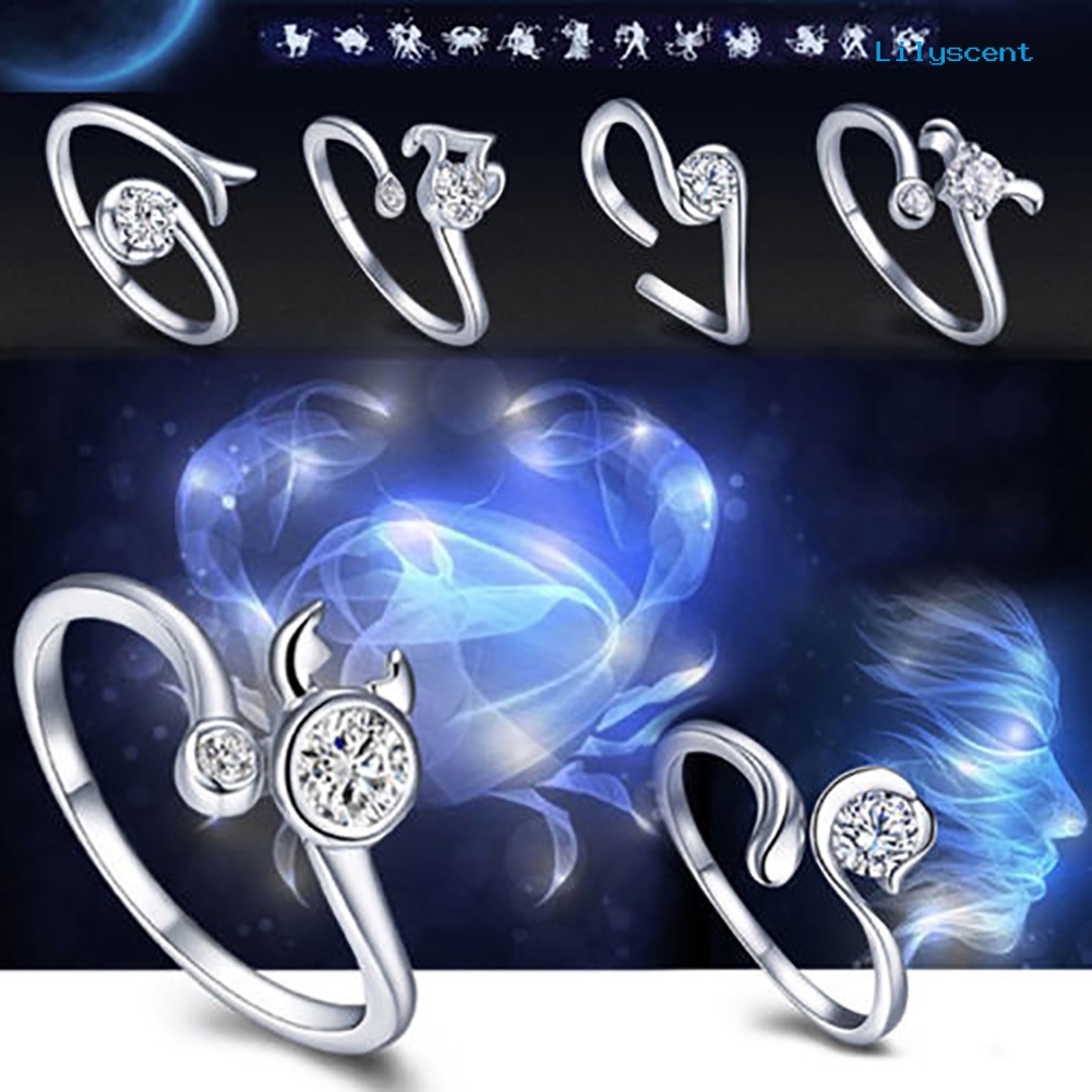 Ls Cincin Open Ring Adjustable Lapis Silver Motif Rasi Bintang Untuk Pria / Wanita