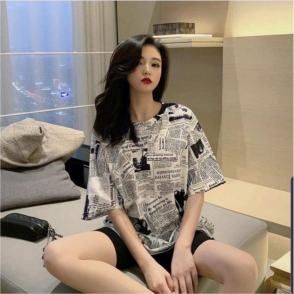 Baju Atasan Wanita Kaos Jumbo Tebal Motif Koran, Megazine, Newspaper Murah