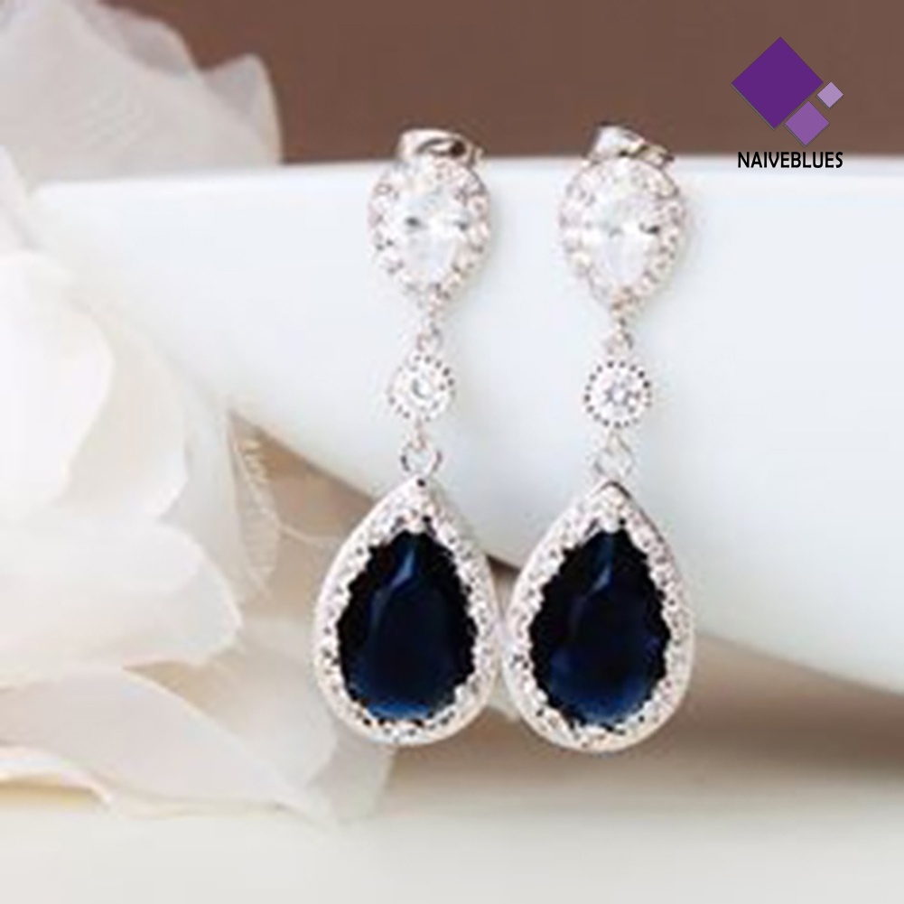 Anting Stud Berlian Imitasi Bentuk Teardrop Bulat Menjuntai Untuk Pesta Pernikahan