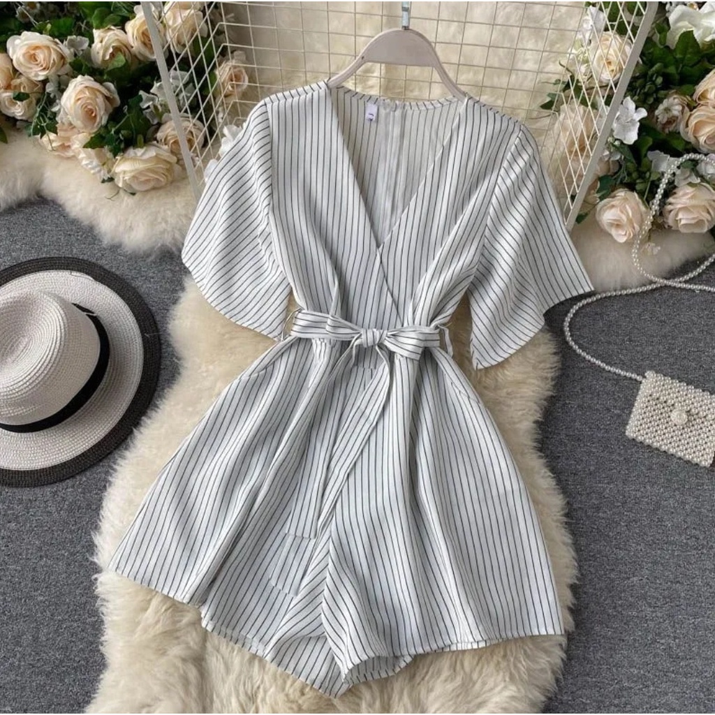 Jumpsuit pendek wanita Korea / Js Soila Stripe / jampsuit salur kekinian / Casual jumpsuit kimono salur