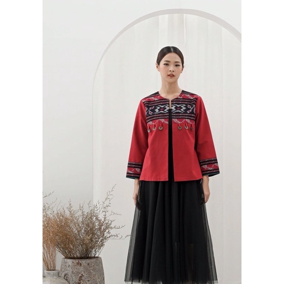 Blazer tenun wanita kerja motif bunga baju tenun jepara fashion wanita atasan wanita Outer tenun eth