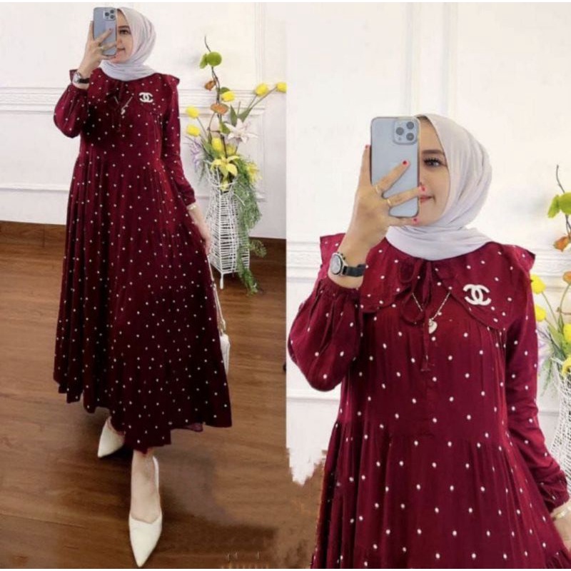 DRESS KANIA// GAMIS RAMPEL MOTIF POLKADOT/ MIDI DRESS POLKA KEKINIAN TERBARU// GAMIS LEBARAN// CHIKI MIDI DRESS POLKADOT JUMBO BUSUI