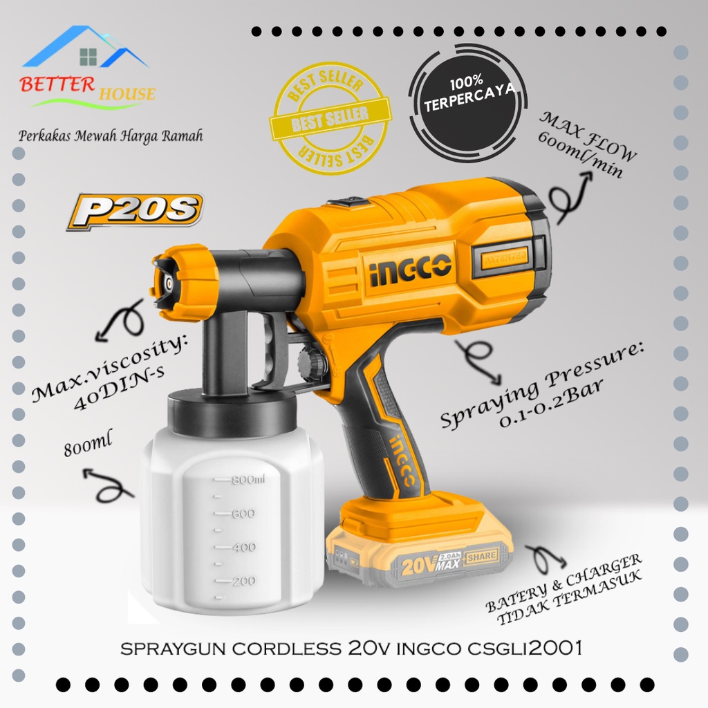 SPRAYGUN SPRAY GUN CORDLESS 20V INGCO CSGLI2001 UNIT ONLY