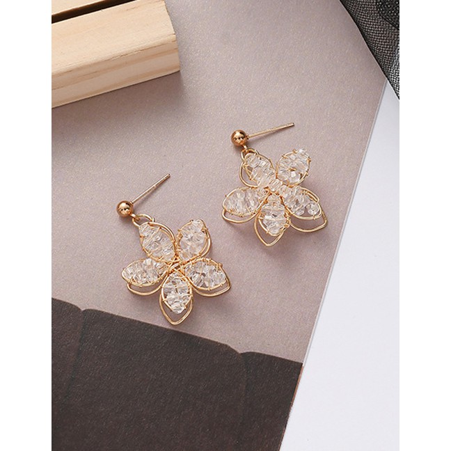 LRC Anting Tusuk Fashion Golden Hollow Crystal Flower Alloy Earrings K35077