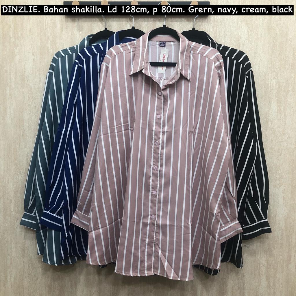 KEMEJA WANITA LENGAN PANJANG BAHAN SHAKILLA MOTIF SALUR STRIPE GARIS BIGSIZE BIG SIZE JUMBO XXXL