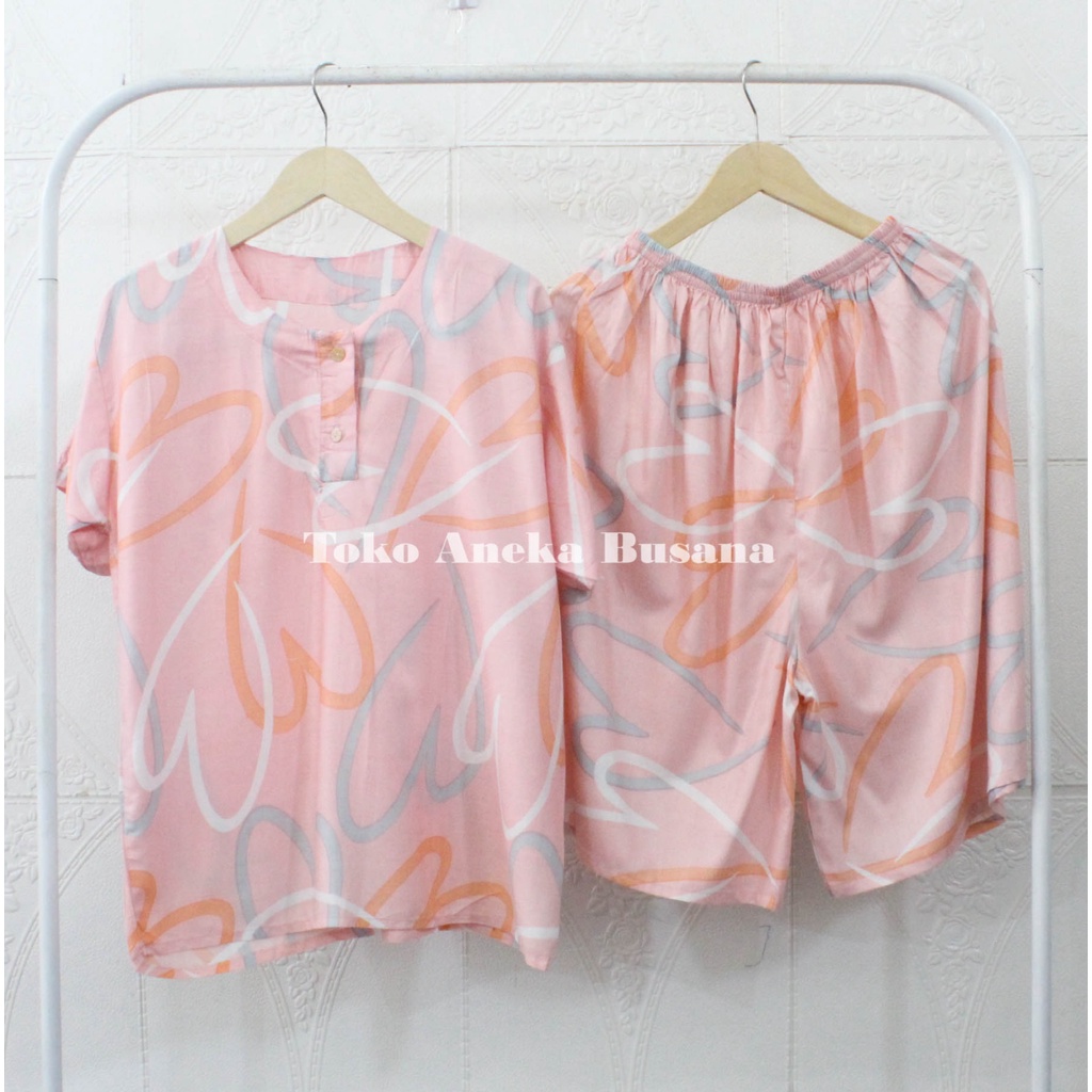 Setelan Baju Tidur Piyama Pendek Motif Daun Warna Bahan Rayon-Motif 017