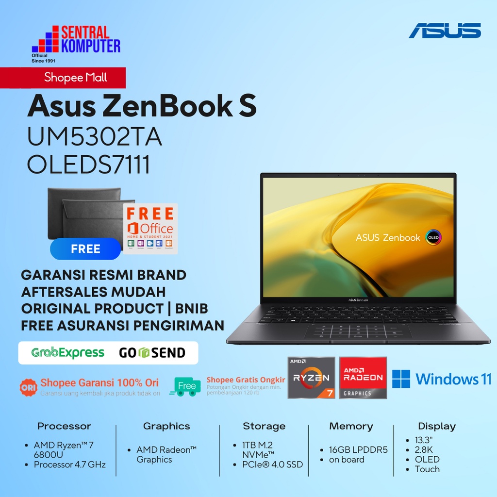 Asus ZenBook S UM5302TA Ryzen 7-6800U-16GB-1TB SSD-Win 11+OHS