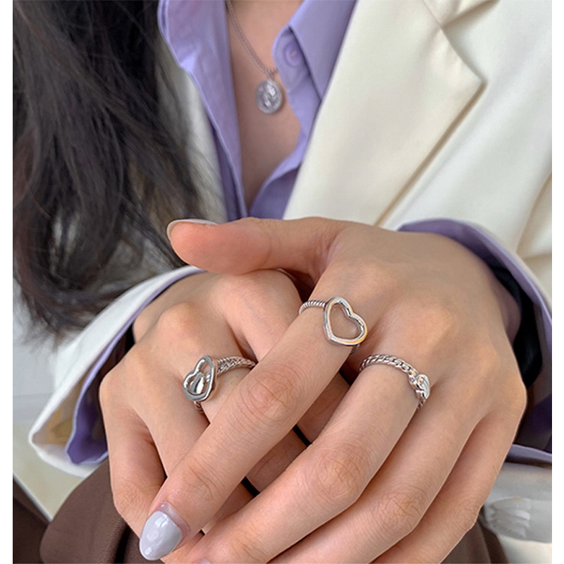 2pcs / Set Cincin Model Terbuka Desain Hati Warna Silver Gaya Elegan Untuk Wanita