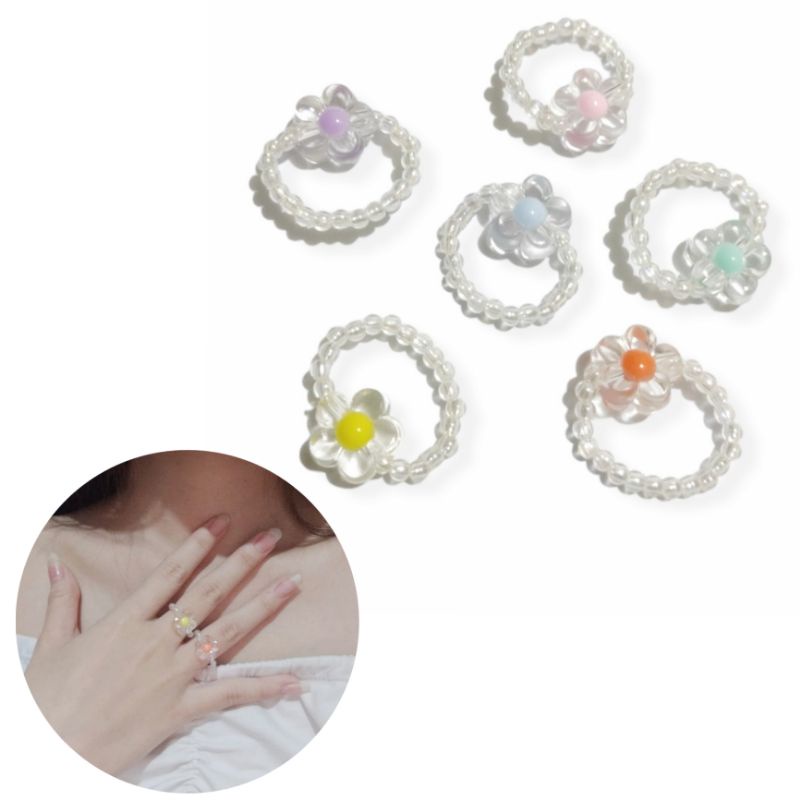 Cincin Korea Aesthetic Bunga Resin Flower Elastis Korean Ring Elastic Beads