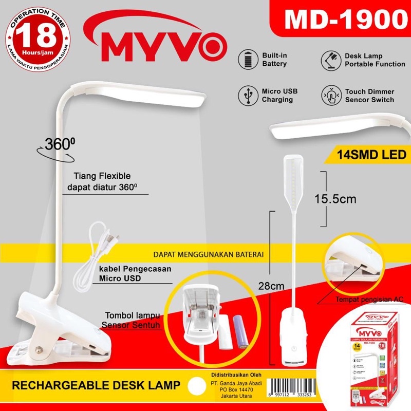 Lampu Meja Belajar JEPIT PORTABLE , MYVO MD1900