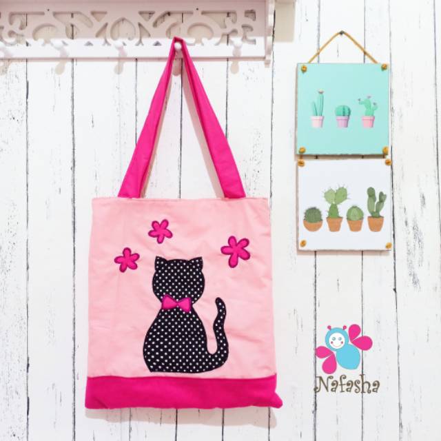 Tote Bag Custom / Tote Bag Kucing / Tote Bag Aplikasi / Tote Bag Katun