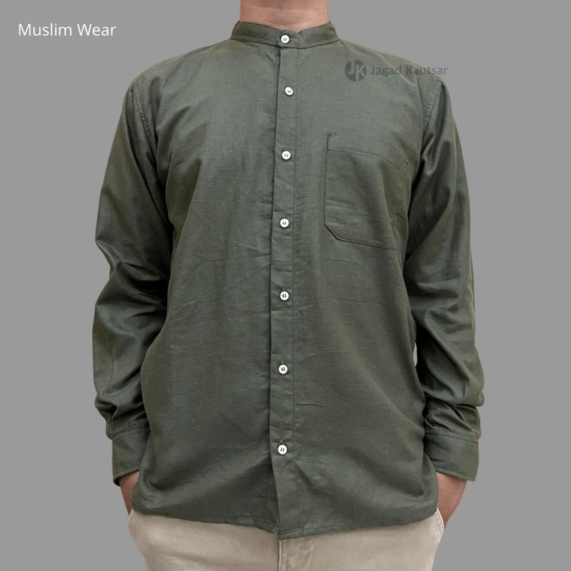 Baju muslim lengan panjang, baju muslim kerah shanghai, baju muslim pria kerah shanghai-Army