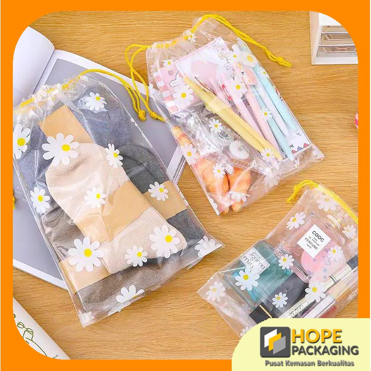 [ 5 pcs ] Travel Pouch Serut Flower Transparan Ukuran S Dan M