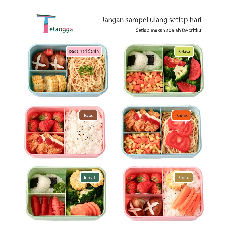 Kotak Makan Bento Lunch Box Set 3 Warna PP Jerami Gandum 1000 ml Kotak Makan Anak 4 IN 1