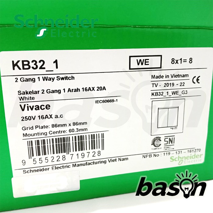 SCHNEIDER Vivace 2 Gang 1 Way Switch - Saklar 2 Tombol 1 Arah