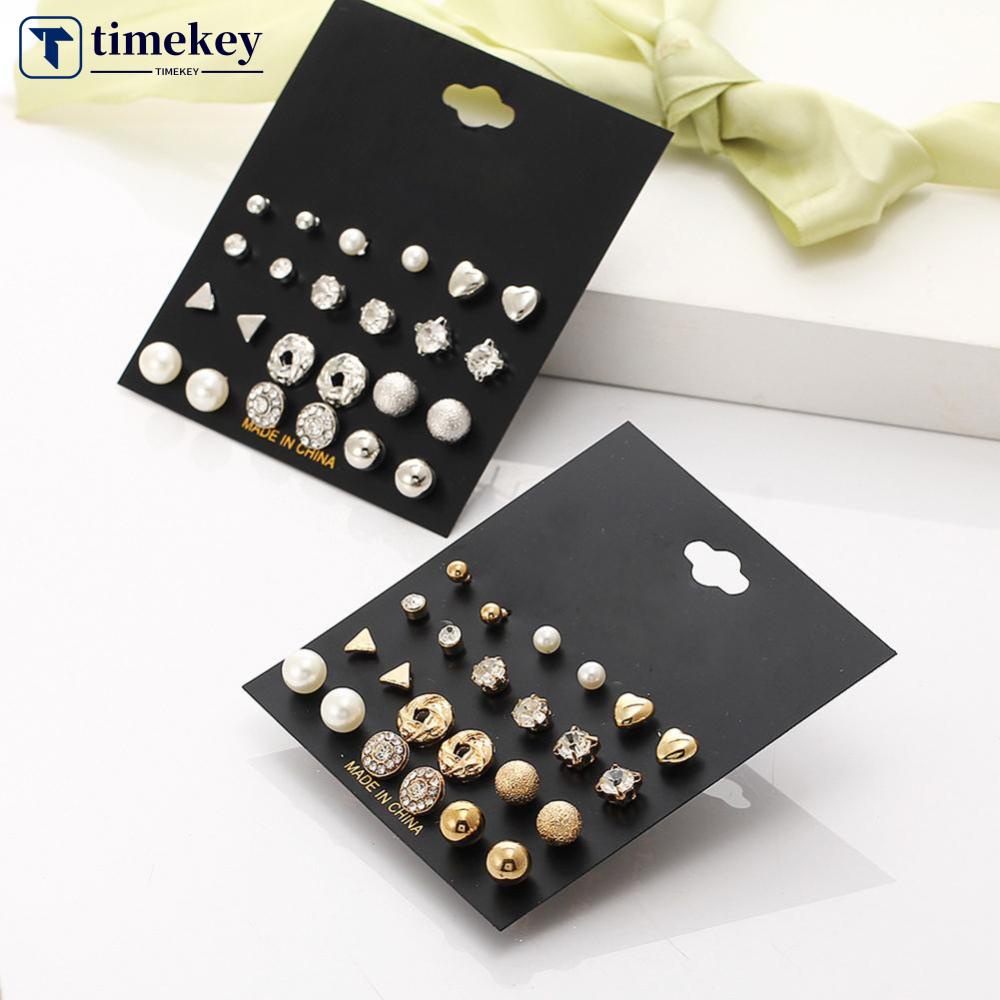 Timekey 12 Pasang / Set Anting Tusuk Desain Geometri Hias Zircon + Mutiara Untuk Wanita A9K4