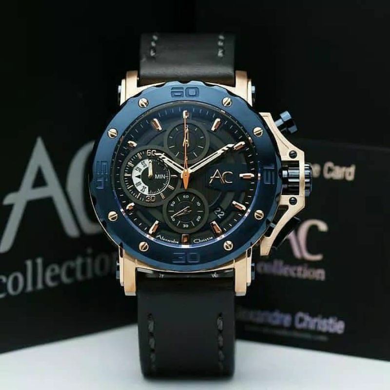 jam tangan Alexandre Christie AC 9205 leather blue rose gold pria original