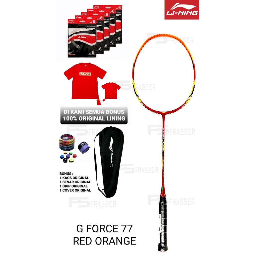 Raket Badminton Lining G Force 77 Red Orange Bonus Lengkap Original sms
