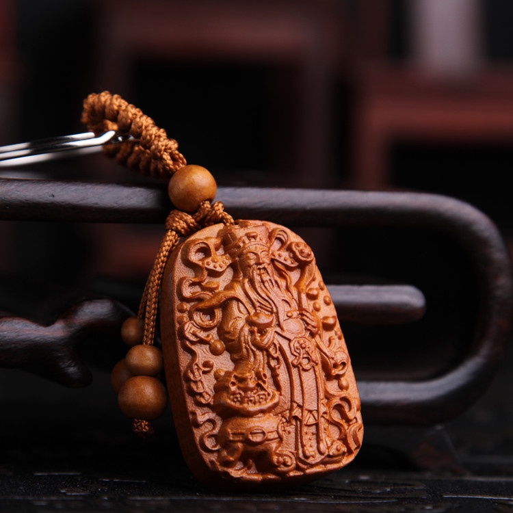 Gantungan Kunci Kayu Alami / Gantungan Kunci Buddha Ukiran Dewa Import / Cai Shen Lucky Pendant Natu