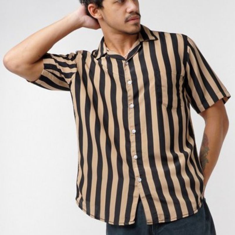 KEMEJA SALUR PRIA STRIPE LENGAN PENDEK COWOK 4559-SALUR HITAM&COKSU
