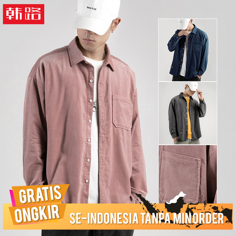 Jaket Peria Hanlu Men's Clothing Autumn HOT New Corduroy Shirt Men's Long Sleeve Solid Color Lapel S