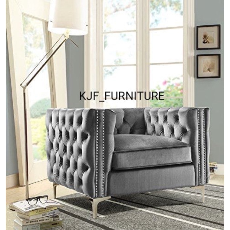 sofa single bludru mewah full kancing sofa single Chesterfield kaki stainles