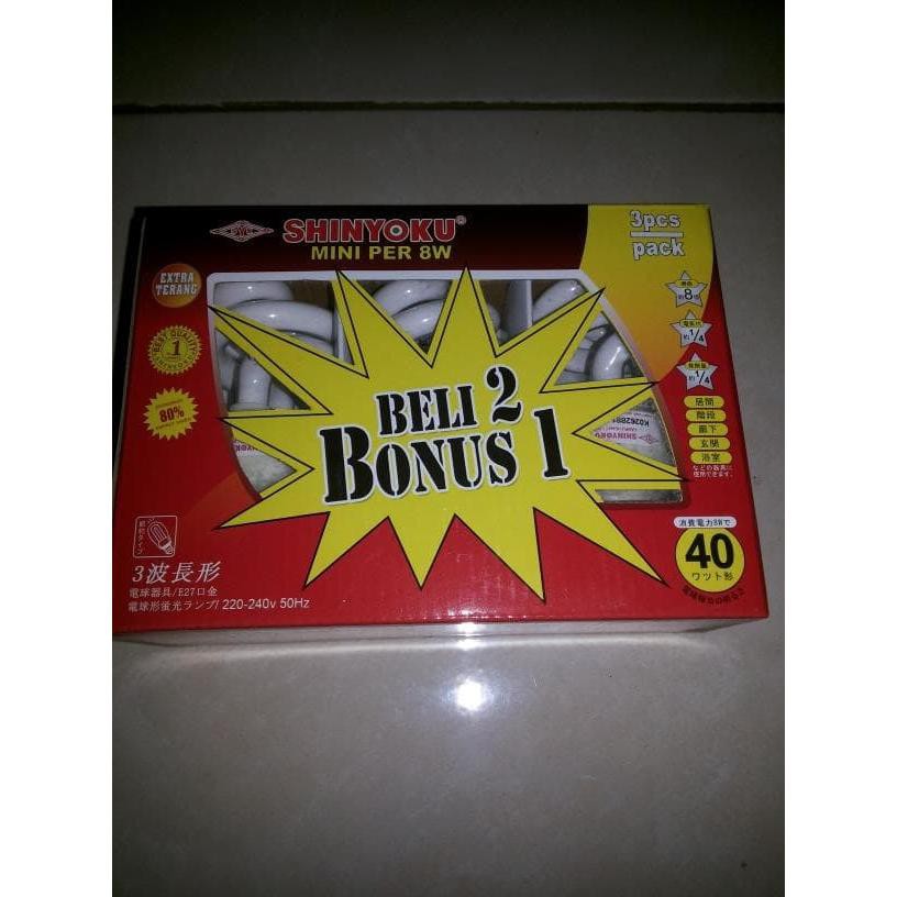 Lampu Spiral 8 Watt Ulir 8 Watt Shinyoku Paket 2 Gratis 1 Murah Hemat