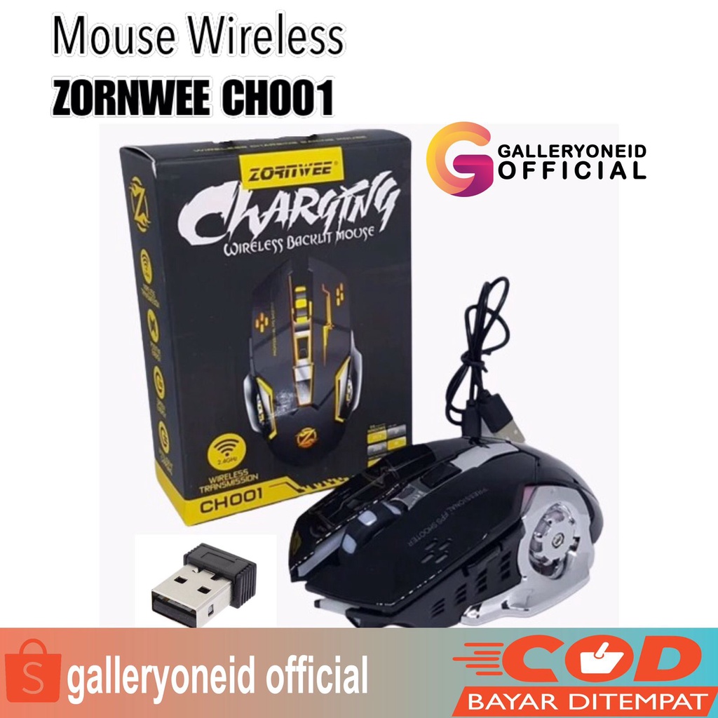 Mouse Gaming Wireless Silent Optical CH001 2.4Ghz Rechargeable LED Otomatis PC Komputer Laptop