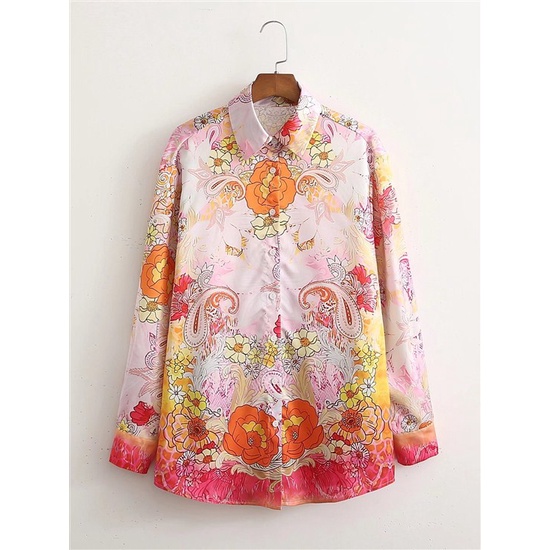 34435 Kemeja Wanita Satin Motif Bunga Atasan Kerja Lengan Panjang