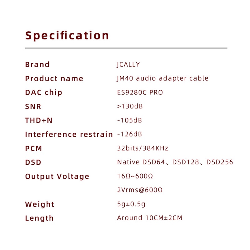 JCALLY JM40 ES9280C PRO Type C to 3.5mm Audio Decoding DAC Adapter Headphone Adapter Earphone Cable