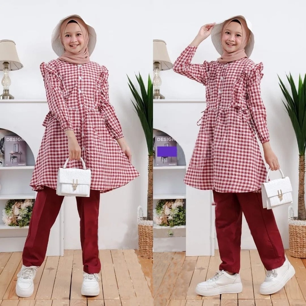 SET HARINI KID KOTAK FASHION PAKAIAN ANAK PEREMPUAN SETELAN ATASAN DAN CELANA MR ADA VIDEO REAL PICT