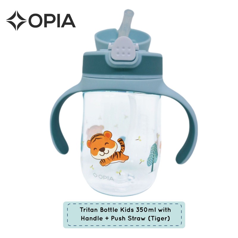 OPIA Tritan Bottle Kids 350ml TIGER - Push Straw Handle Bottle