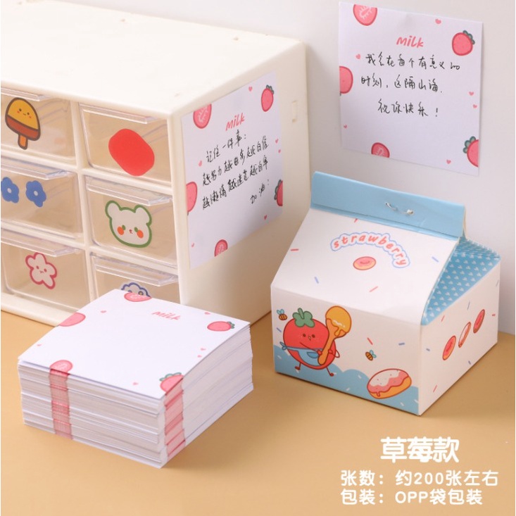 J2 - Notepad kertas memo portable unik Sticky notes Milk box fruit-berry bee