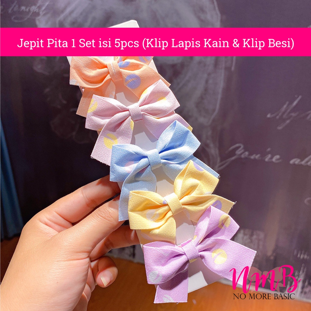 Jepitan Rambut Anak Perempuan Korea Jepit Pita Set Jepitan Pita1 Set isi 5 pcs Klip Lapis Kain &amp; Klip Besi Rambut Anak Motif Lucu