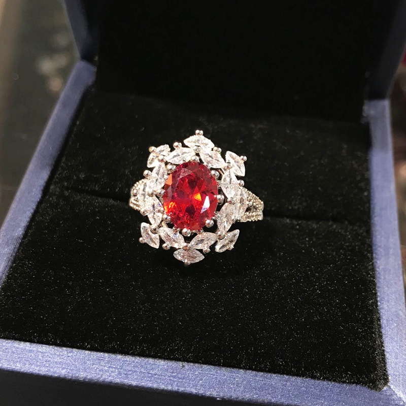 Fancyqube Cincin Silver Bentuk Kepingan Salju Oval Hias Cubic Zirconia Aaa Merah Untuk Wanita
