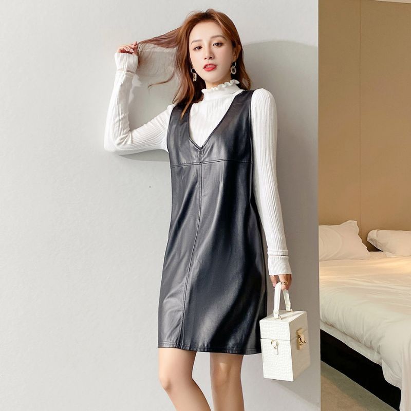 gaun wanita/gaun kulit sintetis/rompi wanita/dress mini wanita