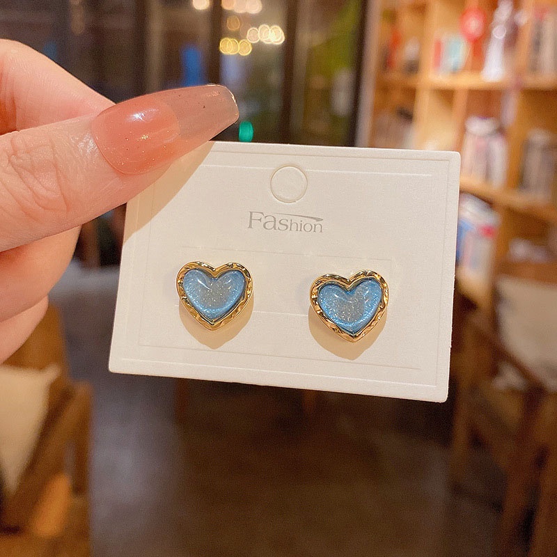 Anting Stud Desain Hati Warna Biru Bahan 925 silver needle Untuk Wanita