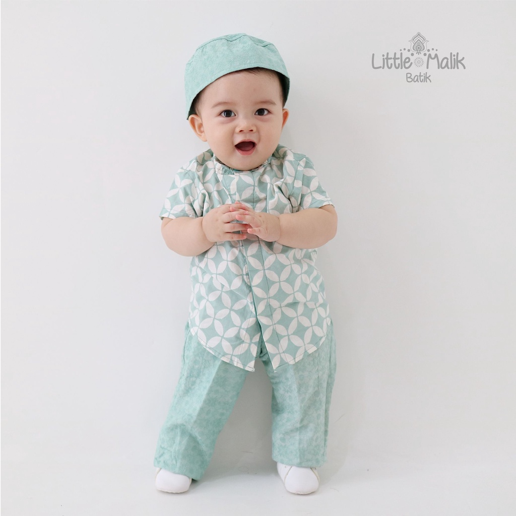 Setelan Kemeja Lengan Pendek Batik Koko Anak By Little Malik Batik, Garutan Dobby Warna Toska