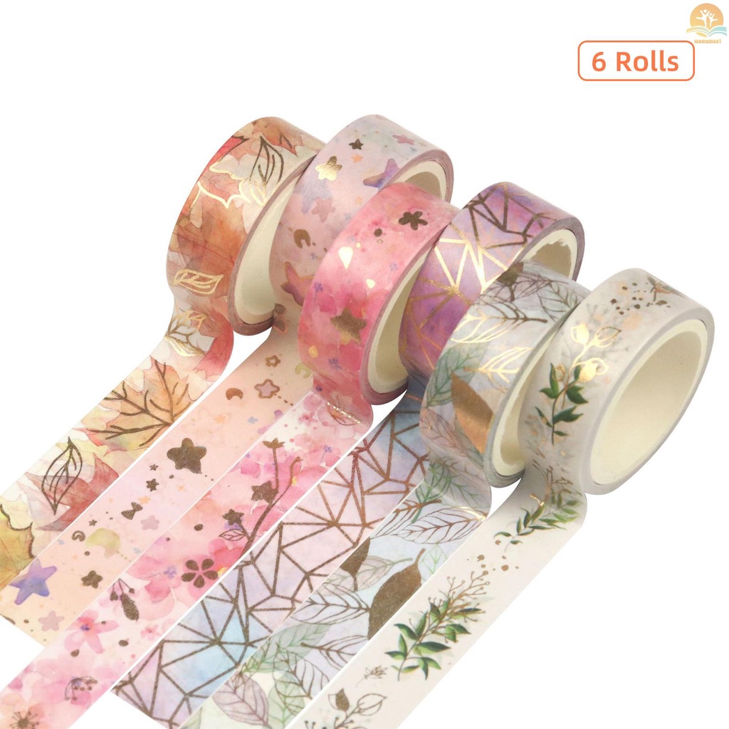 6 Rolls Washi Tape Set Floral Gold Foil Washi ing Tape 15mm Wide Plant Leaves Flower Decorative Adhesive Tape Sticker for DIY Arts &amp; Crafts Journals Planners Scrapbooking Card Gift Wrapping