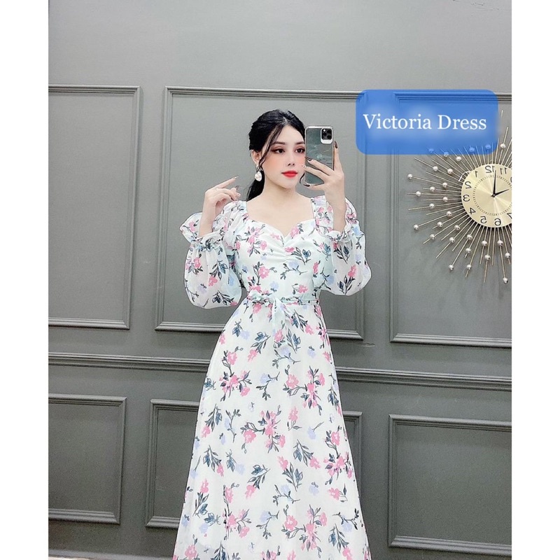 Victoria Dress Korean Vintage White Floral Summer Pantai Maxi Stretch Lengan Panjang Hijab Friendly 