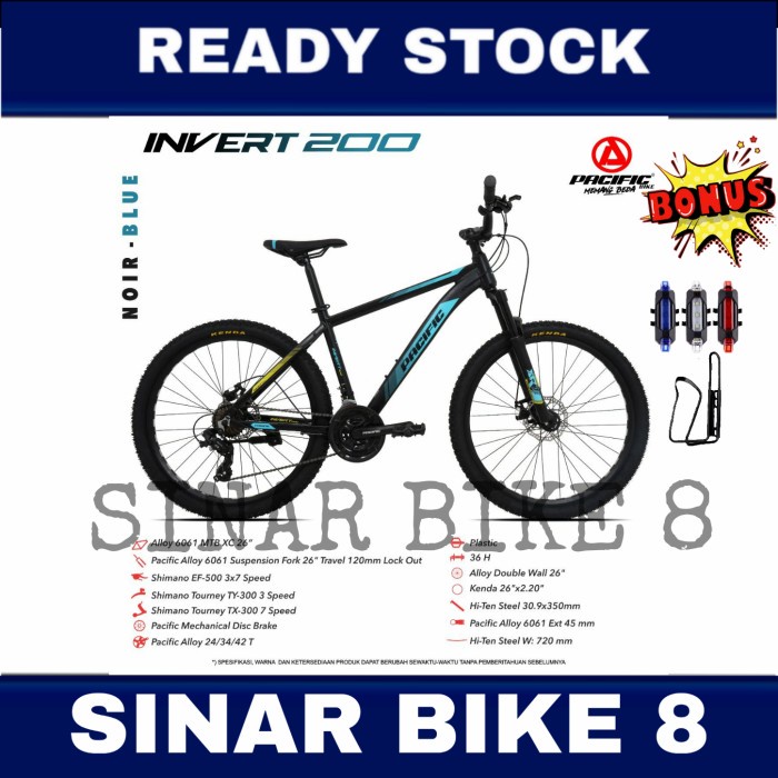 Sepeda Gunung 26 Inch PACIFIC INVERT 200 Alloy 21 Speed Rem Cakram - Noir - Blue