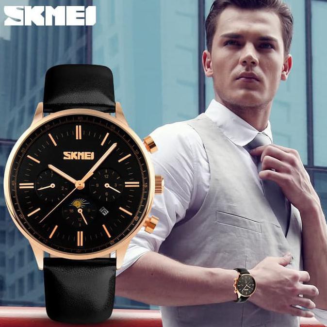 SUPERDEAL JAM TANGAN PRIA COWOK ORIGINAL ASLI SKMEI KULIT TAHAN AIR CASIO ROLEX - HITAM TERJAMIN