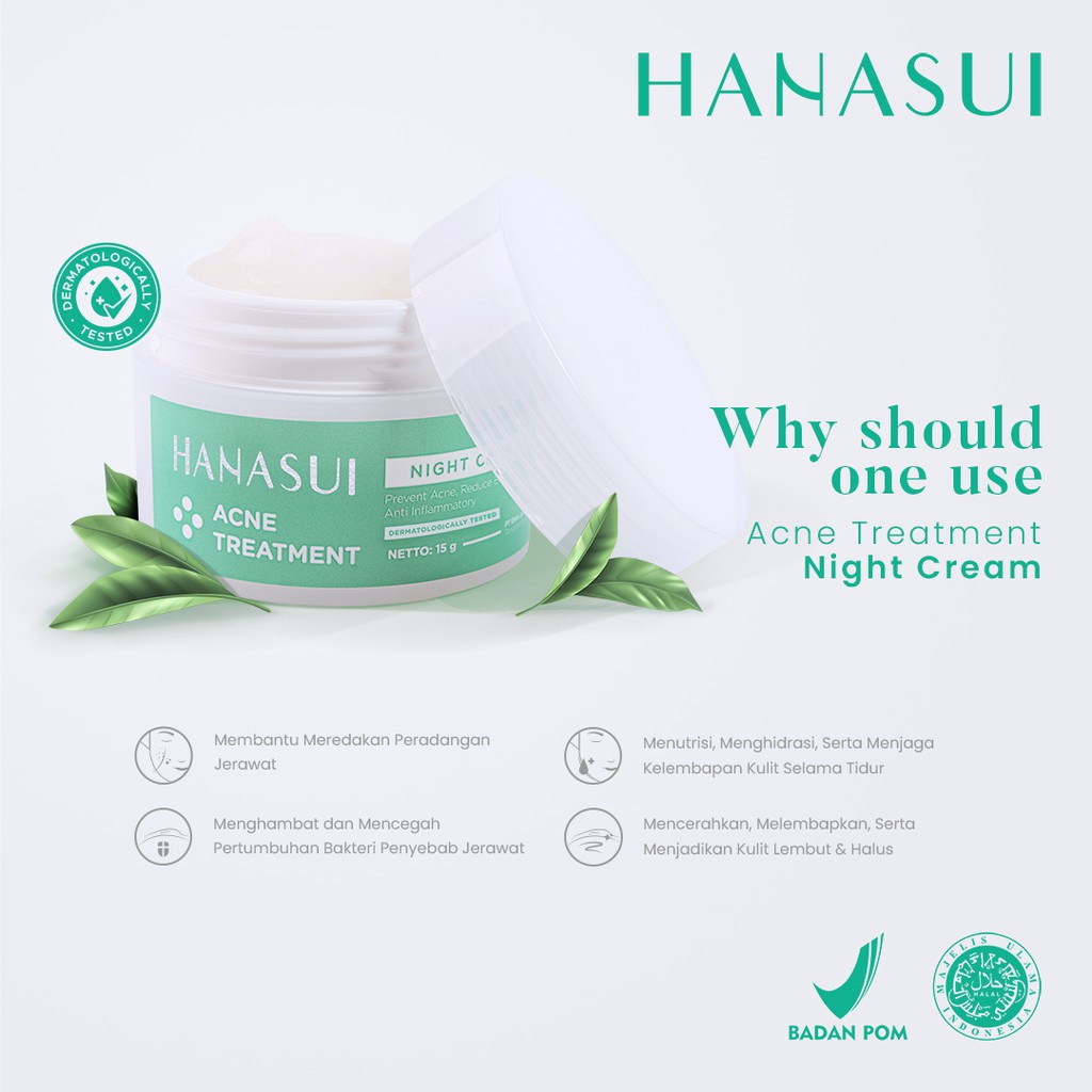 HANASUI Acne Treatment Night Cream Indonesia / 15g Prevent Acne Reduce Breakout Anti Inflammatory / Krim Malam Wajah Kulit Muka / Moisturizer Pelembab / Skincare Face Facial Wash Cleanser Toner Essence Serum Day Spot Gel / Paket Flawless Glow 10 Series