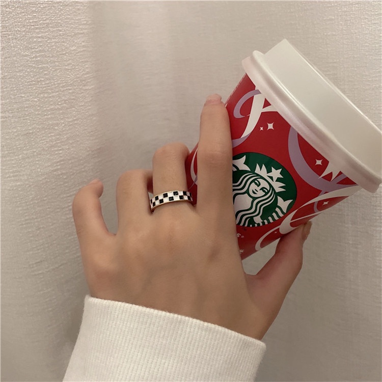 Cincin Model Terbuka Desain Papan Catur Warna Hitam Biru Adjustable Untuk Wanita Korea Dalika